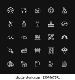 Editable 25 Restaurant Icons For Web And Mobile. Set Of Restaurant Included Icons Line Beer, Sake, Fish, Ladle, Mushroom, Travel Guide, Table, Burrito, Croissant On Black Background