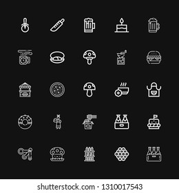 Editable 25 restaurant icons for web and mobile. Set of restaurant included icons line Beer, Caviar, Drinks, Mushroom, Measuring spoons, Burger, Noodles, Servant on black background