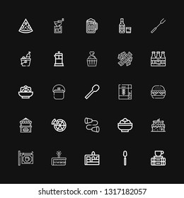 Editable 25 restaurant icons for web and mobile. Set of restaurant included icons line Break, Spoon, Cake, Bar, Salad, Tin, Pizza, Food stall, Burger, Cereal on black background
