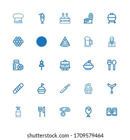 Editable 25 restaurant icons for web and mobile. Set of restaurant included icons line Beer, Sausage, Restaurant, Bottle, Cupcake, Knife, Hamburguer, Baguette on white background