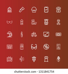 Editable 25 retro icons for web and mobile. Set of retro included icons line Corn, Chair, Birdhouse, Surfing, Tv, Smartphone, Vinyl, Glasses, Cassette, Phone, Television on red