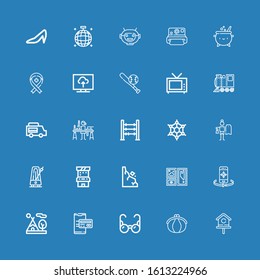 Editable 25 retro icons for web and mobile. Set of retro included icons line Birdhouse, Purse, Glasses, Smartphone, Tipi, Frame, Rocks, Arcade game, Metronome on blue background