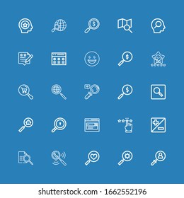 Editable 25 iconos de revisión para web y móvil. Conjunto de revisión que incluye iconos línea Buscar, Favoritos, Buscar, Zoom, Calificar, Ampliar, Ampliar, Satisfacción sobre fondo azul
