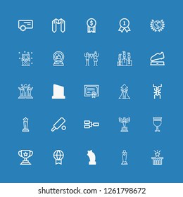 Editable 25 reward icons for web and mobile. Set of reward included icons line Star, Award, Prize, Trophy, Goblet, Competition, Cricket, Success, Merit, Triumph on blue background