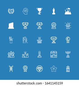 Editable 25 reward icons for web and mobile. Set of reward included icons line Trophy, Star, Quality, Prize, Cricket, Pedestal, Win, Winning, Proposal, Awards on blue background