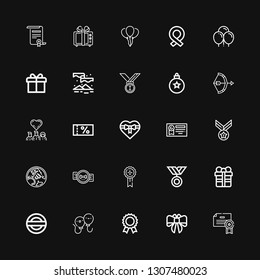 Editable 25 ribbon icons for web and mobile. Set of ribbon included icons line Certificate, Bow, Prize, Balloons, Guarantee, Gift, Medal, Badge, Holden, Diploma on black background