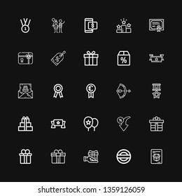 Editable 25 ribbon icons for web and mobile. Set of ribbon included icons line Certificate, Guarantee, Gift, Gift box, Discount, Balloons, Banner, Medal, Bow on black background