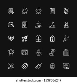 Editable 25 ribbon icons for web and mobile. Set of ribbon included icons line Diploma, Badge, Tag, Label, Balloon, Gift, Wedding plans, Seal, Merit, Balloons on black background