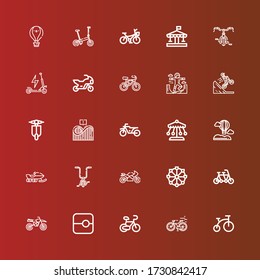 Editable 25 ride icons for web and mobile. Set of ride included icons line Bike, Bicycle, Slide, Motorcycle, Tandem, Ferris wheel, Snowmobile, Hot air balloon, Ride, Motorbike on red