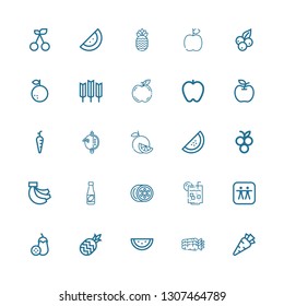 Editable 25 ripe icons for web and mobile. Set of ripe included icons line Carrot, Carrots, Watermelon, Pineapple, Aubergine, Apple, Lemon juice, Lemon, Juice on white background