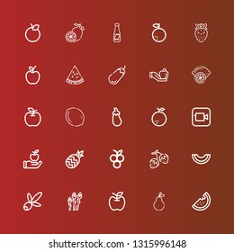 Editable 25 ripe icons for web and mobile. Set of ripe included icons line Watermelon, Pear, Apple, Asparagus, Olive, Melon, Strawberry, Blueberry, Pineapple, Orange, Aubergine on red