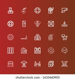 Editable 25 risk icons for web and mobile. Set of risk included icons line Skull, Poker, Gamblers, Nuclear, No parking, Problem, Lifesaver, Tsunami, Dice, Medical insurance on red