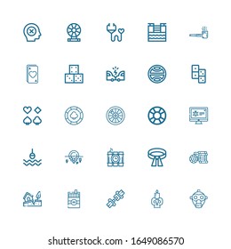 Editable 25 risk icons for web and mobile. Set of risk included icons line Gas mask, Skull, Seat belt, Cigarette, Earthquake, Casino chip, Belt, Dinamite, Iceberg on white background