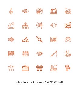 Editable 25 river icons for web and mobile. Set of river included icons line Fish, Park, Canoe, Flood, Sea, Ice fishing, Fishing, Rafting, Landscape, Hippopotamus on white background