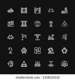 Editable 25 robot icons for web and mobile. Set of robot included icons line Artificial intelligence, Conveyor, Robot, Arms, Space Industrial on black background