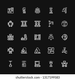 Editable 25 robotic icons for web and mobile. Set of robotic included icons line Robot, Artificial intelligence, Robot arm, Claw machine, Industrial robot on black background