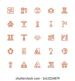 Editable 25 robotic icons for web and mobile. Set of robotic included icons line Robot, Robotic arm, Vacuum, Artificial intelligence, Industrial robot, Claw machine on white background