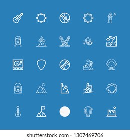 Editable 25 rock icons for web and mobile. Set of rock included icons line Rock, Guitar, Mountain, Acoustic guitar, Tambourine, Climbing, Rocks, Mountains, Vinyl on blue background