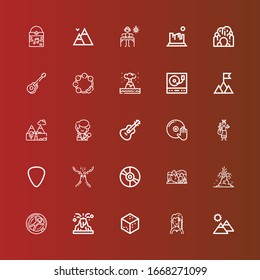 Editable 25 rock icons for web and mobile. Set of rock included icons line Mountain, Singer, Sugar, Volcano, Zorbing, Hill, Vinyl, Plectrum, Guitar, DJ, Mountains, Turntable on red