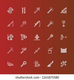 Editable 25 rod icons for web and mobile. Set of rod included icons line Wand, Fishing rod, Ice fishing, Magic wand, Fishing, Fishing net, Net, Piston, Worm on red