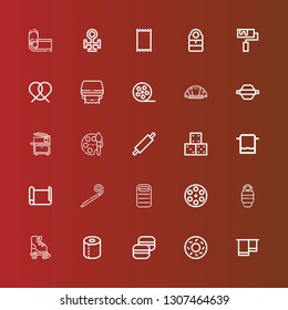 Editable 25 roll icons for web and mobile. Set of roll included icons line Towel, Bagel, Macaron, Toilet paper, Roller skate, Sleeping bag, Film reel, Party blower, Paper roll on red