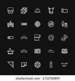 Iconos editables de 25 rollos para web y móvil. Juego de rollos incluidos línea de iconos Toalla, bolsa para dormir, carrete de película, Napkin, Pretzel, Dumpling, Sushi, Croissant, Macaron sobre fondo negro