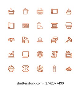 Editable 25 roll icons for web and mobile. Set of roll included icons line Rice, Sleeping bag, Film roll, Leather, Paint, Papyrus, Bobbin, Towel, Rock, Paint roller on white background