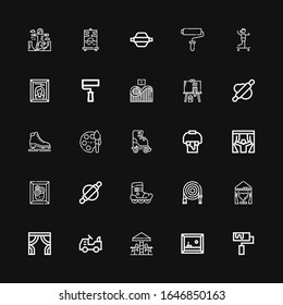 Editable 25 roller icons for web and mobile. Set of roller included icons line Roller, Painting, Carousel, Mower, Curtains, Curtain, Water hose, skate on black background
