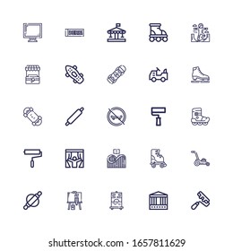 Editable 25 roller icons for web and mobile. Set of roller included icons line Paint roller, Carousel, Painting, Mower, skate, coaster on white background