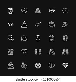 Editable 25 romance icons for web and mobile. Set of romance included icons line Diamond, Broken heart, Rings, Couple, Candle making, Wedding arch, Rose, Romantic dinner on black background