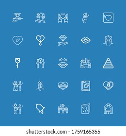 Editable 25 romance icons for web and mobile. Set of romance included icons line Wedding arch, Birthday card, Candle making, Ring, Couple, Heart, Art book, Honeymoon on blue background