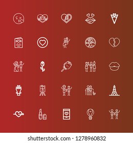 Editable 25 romantic icons for web and mobile. Set of romantic included icons line Wedding, Hot air balloon, Love, Lipstick, Cupid, Eiffel tower, Couple, Wedding sign, Bouquet on red