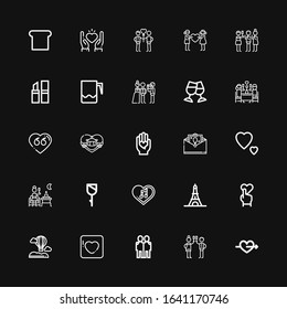 Editable 25 romantic icons for web and mobile. Set of romantic included icons line Cupid, Toast, Hugging, Badoo, Hot air balloon, Heart, Eiffel tower, Rose on black background