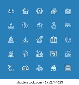 Editable 25 roof icons for web and mobile. Set of roof included icons line Garage, Tent, Shelter, House, Homepage, Mansion, Church, Home, Chimney, Houses, Ceramic on blue background