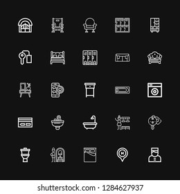 Editable 25 room icons for web and mobile. Set of room included icons line Bellboy, Hotel, Bed, Russian banya, Toilet, Hotel key, Changing room, Bath, Sink on black background