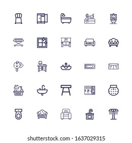 Editable 25 room icons for web and mobile. Set of room included icons line Shower, Sink, Armchair, Sofa, Toilet, Lockers, Table, Washbowl, Bath, Nightstand on white background