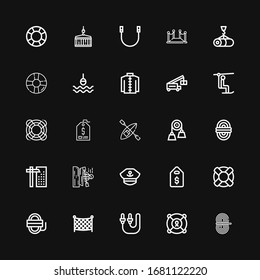 Editable 25 rope icons for web and mobile. Set of rope included icons line Rope, Lifesaver, Skip Fishing net, Price tag, Captain, Kayak, Crane, Pulley on black background