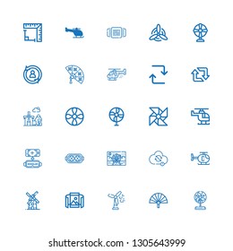 Editable 25 rotate icons for web and mobile. Set of rotate included icons line Fan, Wind turbine, Panoramic view, Windmill, Helicopter, Sync, Ferris wheel on white background
