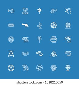 Editable 25 rotate icons for web and mobile. Set of rotate included icons line Fan, Ferris wheel, Reload, Rotate, Helicopter, Windmill, Rotating, Panoramic on blue background