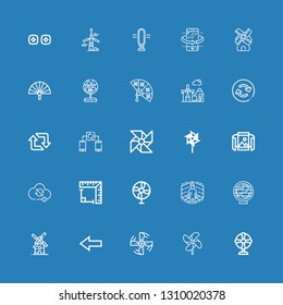 Editable 25 rotation icons for web and mobile. Set of rotation included icons line Fan, Windmill, Engine propeller, Back, Virtual reality, Angle, Sync, Panoramic view on blue background