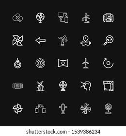 Editable 25 rotation icons for web and mobile. Set of rotation included icons line Fan, Engine propeller, Synchronize, Windmill, Angle, Virtual reality, Rotating on black background