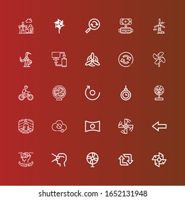 Editable 25 iconos de rotación para web y móvil. Conjunto de rotación incluido iconos línea Molino de viento, Retuitear, Ventilador, Realidad virtual, Vr, Atrás, Hélice del motor, Panorama, Sincronización, Hipnosis en rojo
