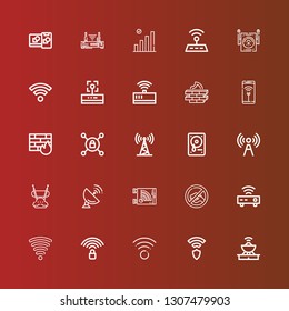 Editable 25 router icons for web and mobile. Set of router included icons line Antenna, Wireless, Wifi, Wifi signal, Router, Signal, Hard drive, Vpn, Firewall, Modem, Computing on red