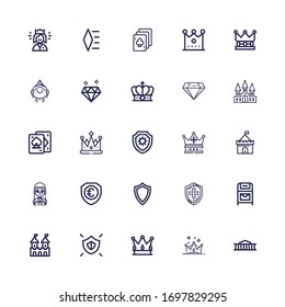 Editable 25 royal icons for web and mobile. Set of royal included icons line British museum, Crown, Shield, Fortress, Postbox, Gothic, Castle, Playing cards on white background
