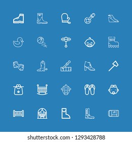 Editable 25 rubber icons for web and mobile. Set of rubber included icons line Eraser, Boot, Censor, Crib, Baby, Sandals, Gas mask, Bib, Reflex hammer, Pipette on blue background