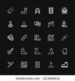 Editable 25 rubber icons for web and mobile. Set of rubber included icons line Boot, Dropper, Inflatable, Stamp, Eyedropper, Glove, Boots, Pipette, Stationery on black background