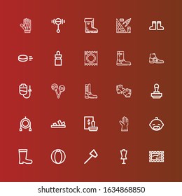 Editable 25 rubber icons for web and mobile. Set of rubber included icons line Stamp, Dummy, Reflex hammer, Beach ball, Boots, Baby, Gloves, Sandals, Toy, Boot, Rattles on red