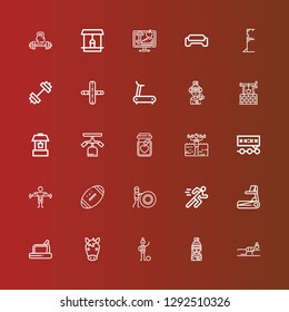 Editable 25 running icons for web and mobile. Set of running included icons line Fitness, Skier, Football player, Horse, Treadmill, Running, Football, Deadline, Nutrition on red