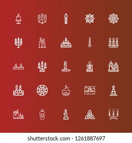 Editable 25 sacred icons for web and mobile. Set of sacred included icons line Candles, Chakra, Candle, Mayan pyramid, Pagan, Dharma wheel on red