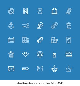 Editable 25 safe icons for web and mobile. Set of safe included icons line Hat, Anchor, Human rights, Exit, Bonds, Money, Bug detector, Unlock, Payment method on blue background
